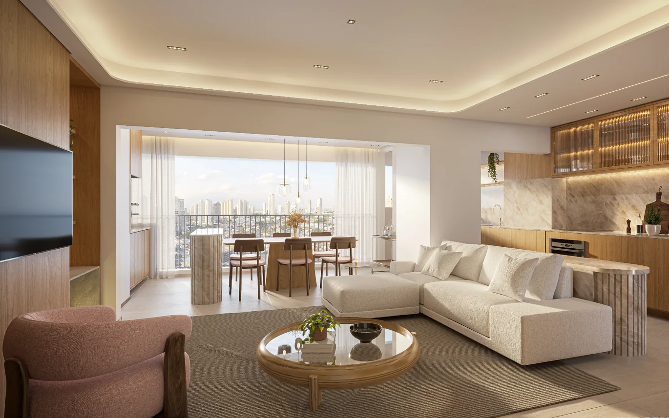 Perspectiva ilustrada: living · apartamento de 93 m² do Platinum Tatuapé.